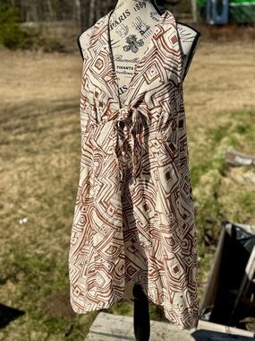 Anthropologie Cream and Brown Backless Tie-Front Dress